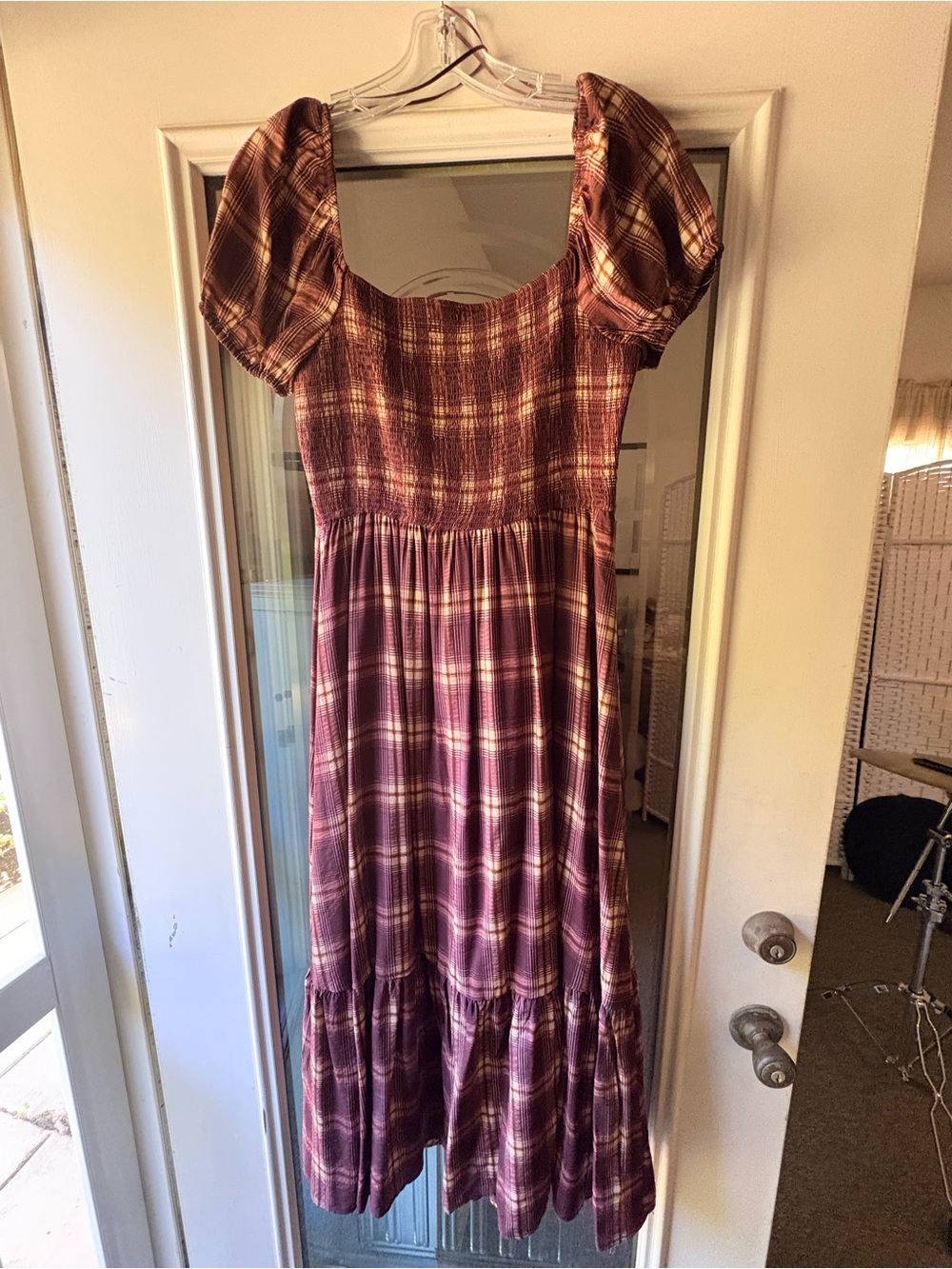 Blu Pepper Burgundy and Cream Smocked Midi Dress
